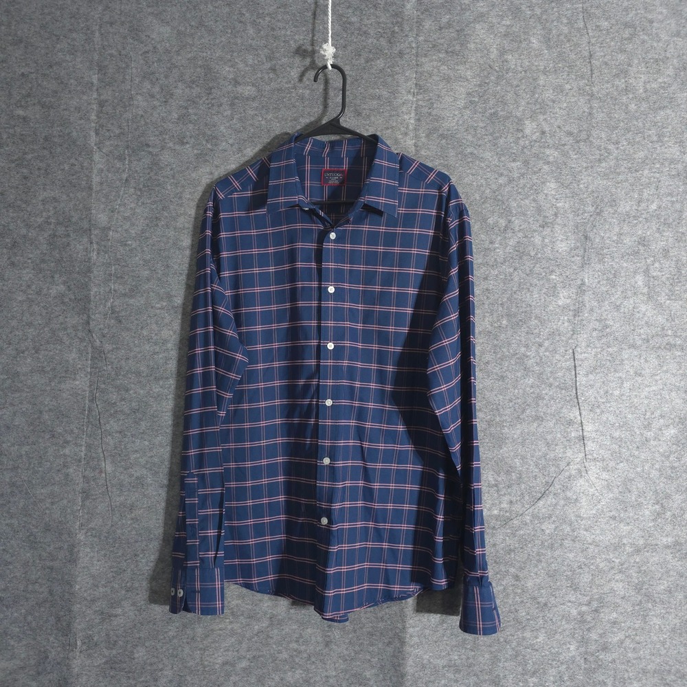 UNTUCKit Mens Tayson Slim Fit‎ Plaid Button Down Shirt XL Navy Blue Performances